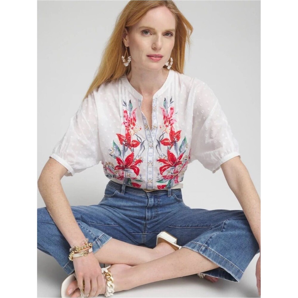 Chico’s Floral Dolman Sleeve Cotton Shirt SZ 3‎ US 16 Embroidered Button White